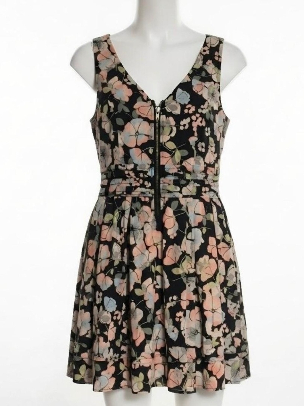 American Rag Black Floral Zip Dress - Pastel Pink Blue Cream